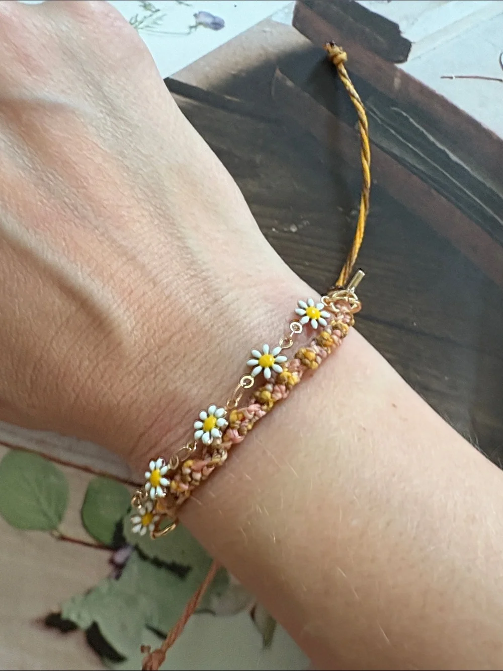 Handcrafted Adjustable Beach Boho Wax String Bracelet with Daisy & Cross Charms